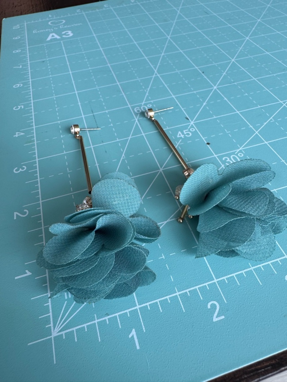 Drop Earrings with Teal Fabric Petals and beading - Picture 9 of 9